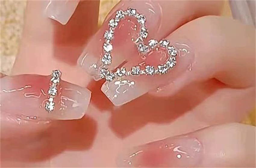 pink nails with diamonds